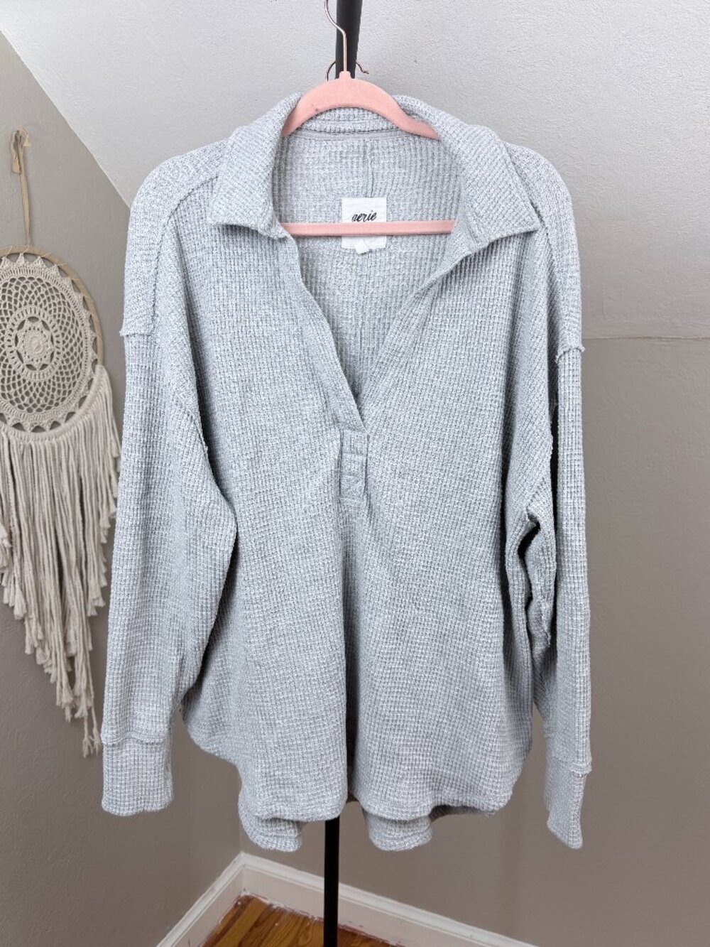 Aerie Gray Waffle Knit Quarter Open Front Thermal Top Size M